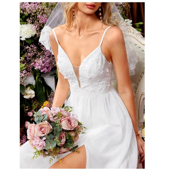 New Appliques Lead Embroidered Chiffon Wedding Dress Size Large 8/10 - Picture 3 of 10